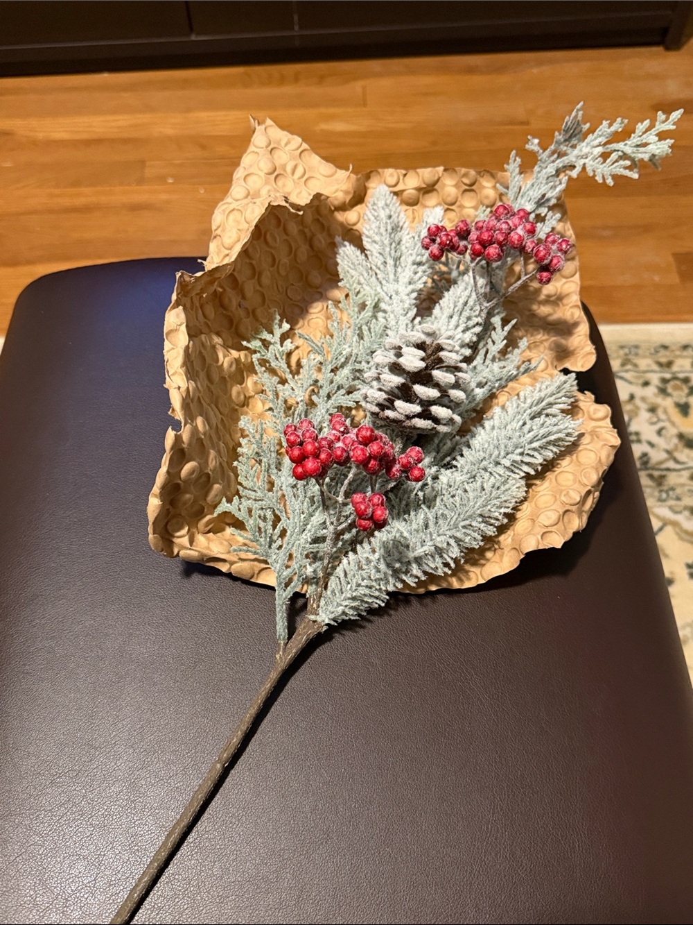 Flocked Pine Cone & Berry Spray - Frosted Green and Red